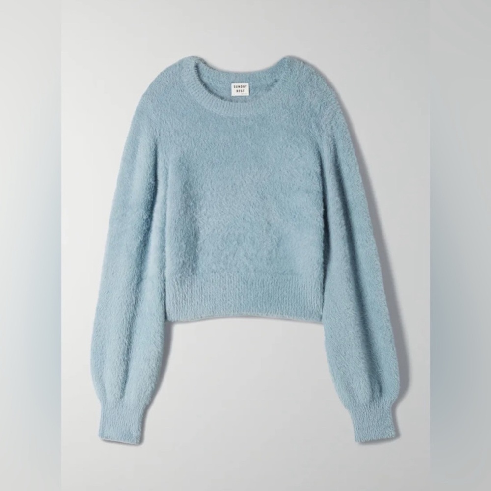 Aritzia Sunday Best kitten Sweater baby blue fuzzy womens L - Picture 2 of 13
